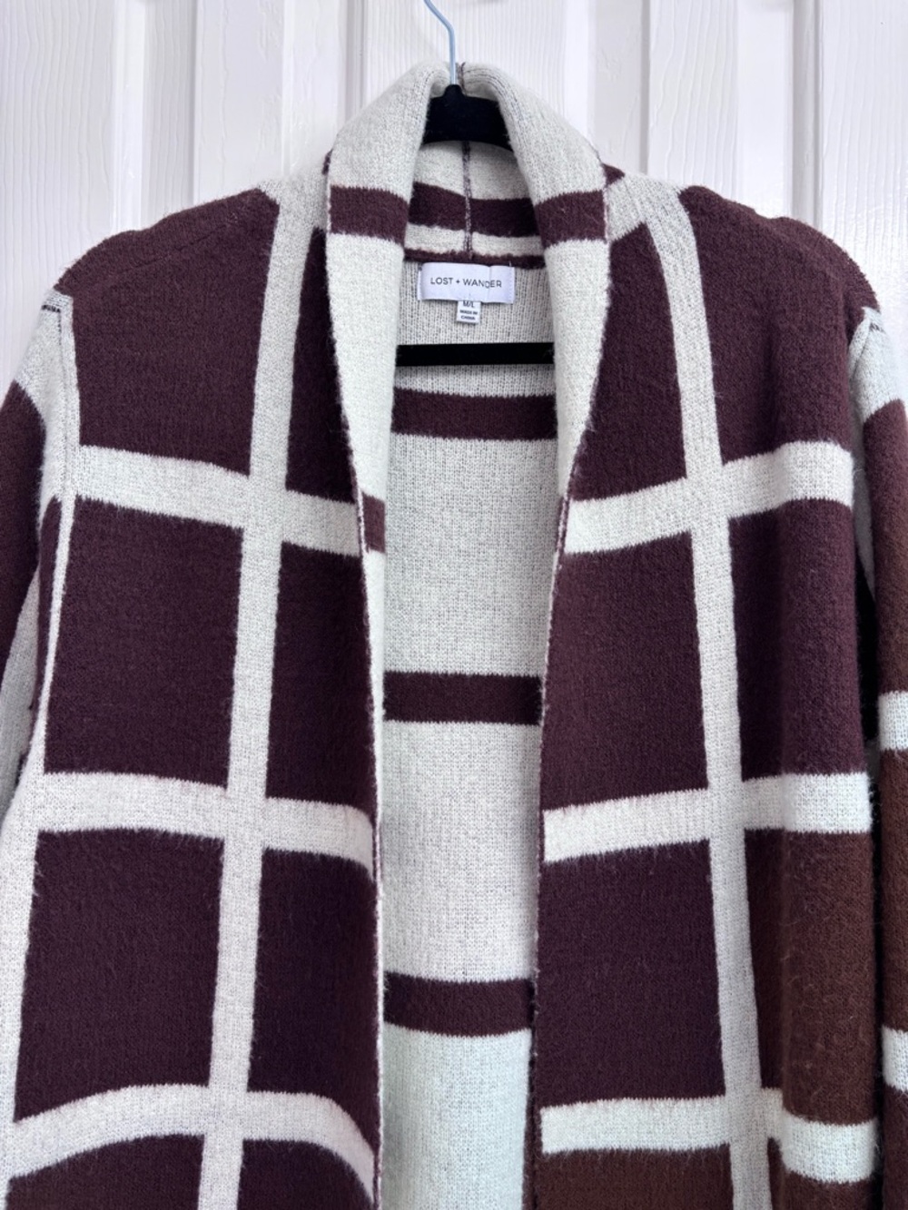 Lost + Wander Grid Plaid Open-Front Long Cardigan in Brown and Cream - SIZE M/L - Picture 6 of 14